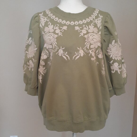Anthropologie Embroidered Short Sleeve Sweatshirt - Picture 1 of 13